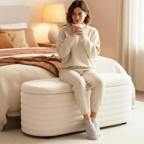 DM Furniture Storage Teddy Ottoman Bench Upholstered Fabric Storage Bench End of Bed Stool with Safety Hinge for Bedroom, Living Room, Entryway, Closet(45.5", White) 5