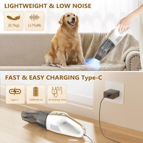 Handheld Vacuum Cordless, 16000Pa 160W Car Vacuum Cleaner with LED Screen,30Min Powerful Hand Held Vacuum Cleaner Portable Cordless Lightweight LED Light Fast Charge Multi-Nozzles for Home Car Office 5