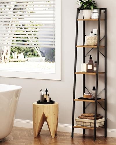 Hzuaneri Ladder Shelf, Bookshelf Bookcase, Freestanding Corner Storage Shelve with 2 Hooks for Home Office, Living Room, Kitchen, Bedroom, Industrial, 11.8" D x 13.4" W x 63" H, Rustic Brown BC03201B 5