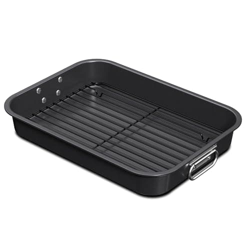 CHEFMADE Roasting Pan with Rack, 15 Inch Deep Roasting Pan, Deep Lasagna Pan for BBQ Vegetbale and Meat 15.4" x 11.2" x 2.3" (Black)