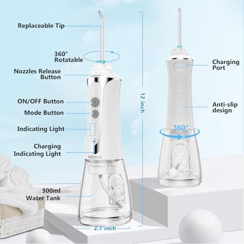 H2ofloss Water Dental Flosser Cordless, 300ML Rechargeable Oral Irrigator for Teeth Cleaning, Portable & IPX7 Waterproof Teeth Cleaner Pick for Braces Home Travel 7