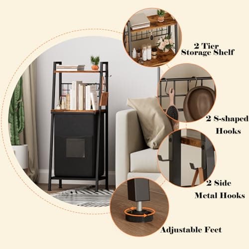 Furnulem Laundry Hamper, Vertical Laundry Basket with 2 Tiers Wooden Shelf and Hooks, Clothes Hamper with Pull-Out and Removable Bag for Bathroom, Bedroom, Dorm, 13.21 Gallons (50L) 5