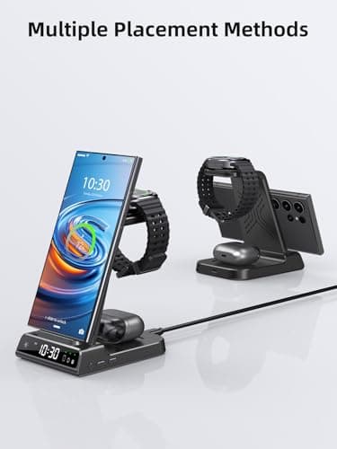 Wireless Charger Samsung Charging Station: 3 in 1 Android Charging Stand with Dimmable Clock - Nightstand Organizer for Galaxy S25 Ultra S24, Galaxy Watch 8 7 6 5 4, Galaxy Buds, Space-Saving Charger 5