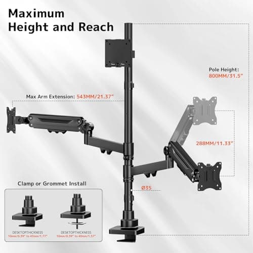 Triple Monitor Mount up to 49 inches, Fully Adjustable Heavy Duty 3 Monitor Arm with Gas Spring, Desk Mount for 3 Screens, C-Clamp & Grommet Base, Holds 44 lbs, Black 6