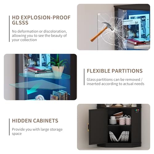 Lvifur 69" Corner Glass Display Cabinet with RGB Lights,3-Tier Movable Glass Shelves,Curio Display with Human Body Sensor,Bookcase with Storage Cabinet for Toys,Books,Collectibles,Liquor,Black 8