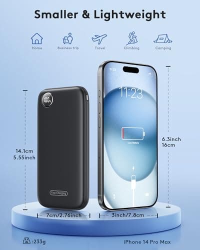 Powerbank Fast Charging Max 12V/4.5A, Ultra Slim Portable Charger USB C 10000mah, Travel Power Bank for iPhone 11 12 13 14 15 16 Samsung Android, DC Lightweight Battery Pack Phone Charger, Deep Black 5