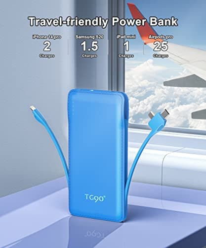 TG90° 10000mah Power Bank Portable Charger with Built-in Cables(No AC Plug), Portable Phone Charger Battery Backup Compatible with iPhone 17 16 15 14 13 12 and Android Phones 6