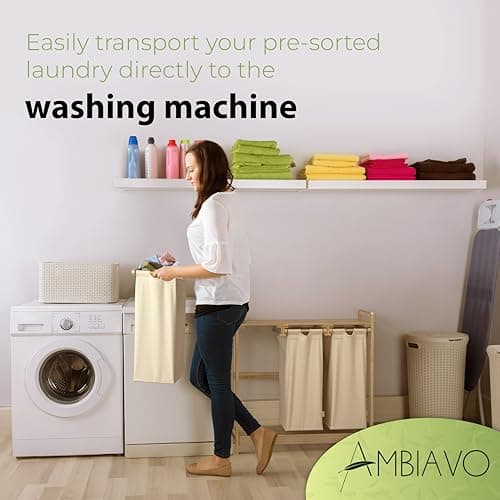 AMBIAVO Laundry Hamper 3 Section beige - Large Bamboo Laundry Sorter with Removable Cotton Bags -Three Compartment Organizer for Clothes - Durable, Eco-Friendly, and Stylish Storage Solution for Home 6