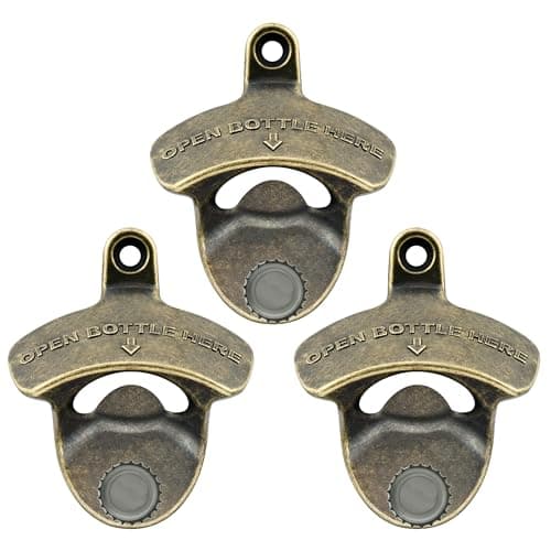 Luwanburg Magnetic Wall Mounted Bottle Opener with Magnets Stainless Antique Bronze Beer Cap Opener Attached to Wood Post Board (Pack of 3)