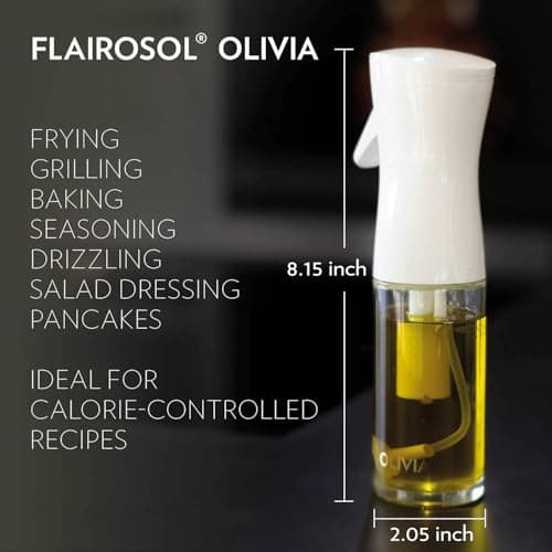 FLAIROSOL OLIVIA. The Original Advanced Oil Sprayer for Cooking, Kitchen, Salads, BBQs, Continuous Spray with Portion Control, 130ml Glass Olive Oil Sprayer(White Print) 6