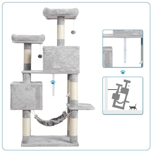 Hey-brother Large Multi-Level Cat Tree Condo Furniture with Sisal-Covered Scratching Posts, 2 Bigger Plush Condos, Perch Hammock for Kittens, Cats and Pets Light Gray MPJ020W 8