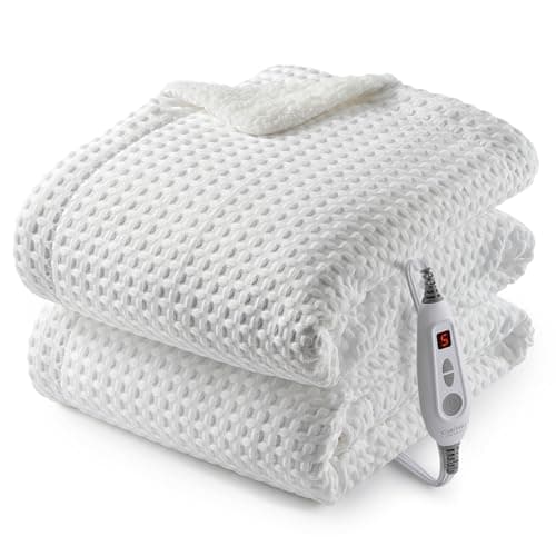 CAROMIO Heated Blanket Throw, Waffle Weave Electric Throw Blanket Fast Heating with LCD Controller, 6 Heat Levels & 4 Hour Auto Shut Off, ETL Certified, Machine Washable, Off White, 50" x 60"