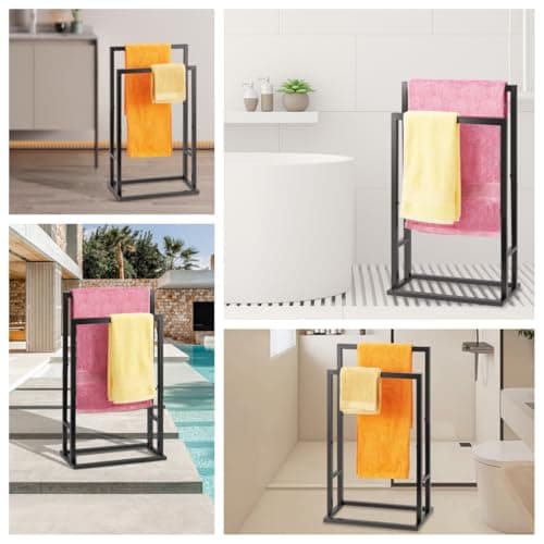 Standing Towel Rack, 2 Tier Stainless Steel Black Towel Racks for Bathroom, Hand and Floor Free Standing Drying Stand Holder for Outdoor and Hot Tub, Blanket Holder, ALHAKIN 6