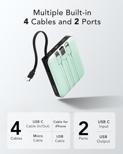 VRURC Portable Charger USB C, Power Bank with Built-in Cable, 10000mAh 20W Battery Pack for iPhone 16 15 14 Samsung Galaxy S23 S22 Google, Note 20, Pixel, Moto, LG Android Phone, Green(1 Pack) 5
