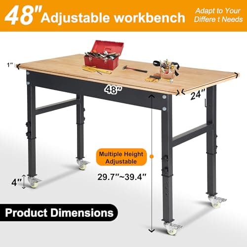 48" Adjustable Work Bench, Rubber Wood Top Workbench Heavy-Duty Work Table with Wheels, 2000 LBS Load Capacity Hardwood Work Benches for Garage, Workshop, Home, Office, Easy Assembly 6