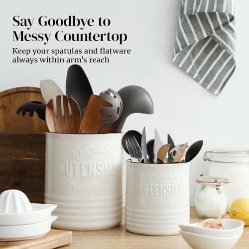 DOWAN 7.2″ Extra Large Kitchen Utensil Holder, Farmhouse Utensil Holder for Countertop, Ceramic Utensil Crock with Protection Cork Mat, Utensil Organizer for Kitchen Decor & Housewarming Gift, White 5