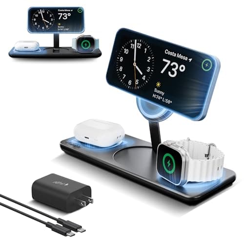Nimble Podium 3-in-1 Wireless Charging Station for Apple, Qi2-Certified 15W Magsafe Charger Stand, Wireless Charger for iPhone 17 16 15 14 13 - Apple Watch - Airpods Series (Charger & USB-C Included)