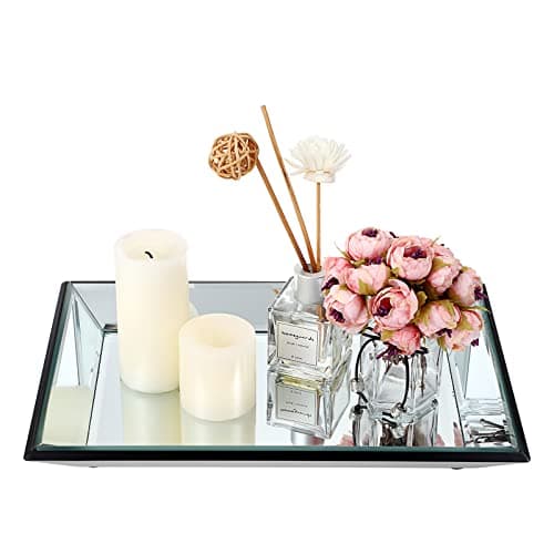 Hipiwe Glass Mirror Makeup Vanity Tray Black Rectangle Perfume Jewelry Trinket Organizer Coffee Table Centrepiece Decorative Dresser Bathroom Storage, 11.9x7.9 inch