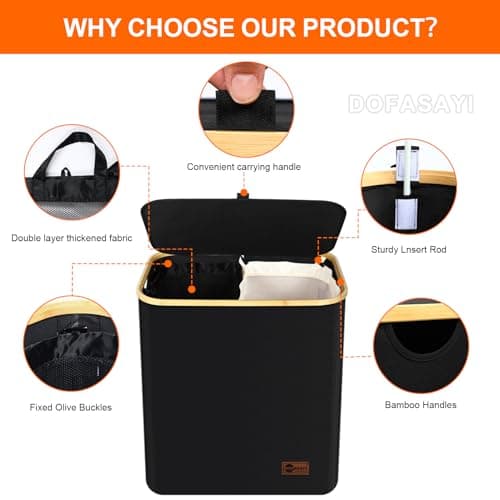 145L Large Laundry Hamper with Lid - 2 Section Laundry Basket with Removable Laundry Bag, Bamboo Handles, Collapsible, Sturdy, Hamper for Bedroom, Bathroom, Dorm, Laundry Room, Black 5