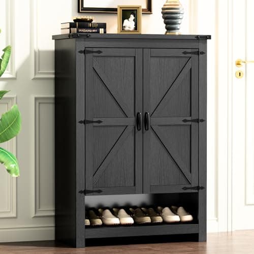 Loomie Shoe Cabinet with Doors, 7-Tier 28 Pair Shoe Cabinet Storage for Entryway, Hidden Narrow Shoe Cabinets with Adjustable Shelves, Slim Thin Shoe Rack Organizer for Hallway, Living Room, Black