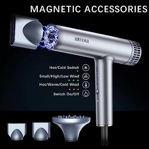 AIRYOMI Hair Dryer, Professional Brushless Motor Ionic Hair Blow Dryer with Diffuser, Magnetic Nozzles, 0.83Pound, 2000W, 60dB, 3 Heat Settings & 3 Speed & Cold Settings 6