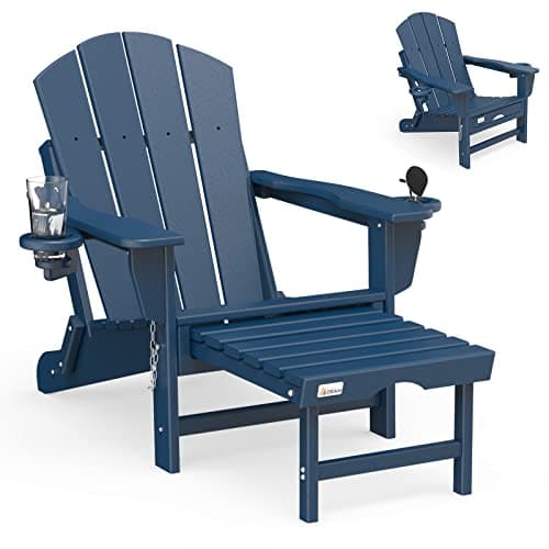 Mdeam Folding Adirondack Chair with Retractable Ottoman, HDPE All-Weather Fire Pit Chair with 2 Cup Holders, Outdoor Chair for Deck Patio Garden Backyard Lawn (Navy Blue)