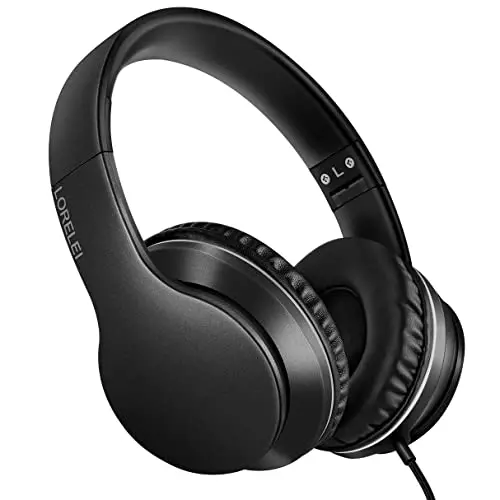 LORELEI X6 Over-Ear Wired Stereo Bass Headphones with Microphone, Lightweight, Foldable & Portable with 1.45M No-Tangle for Smartphone, Tablet, MP3/4, Space Black