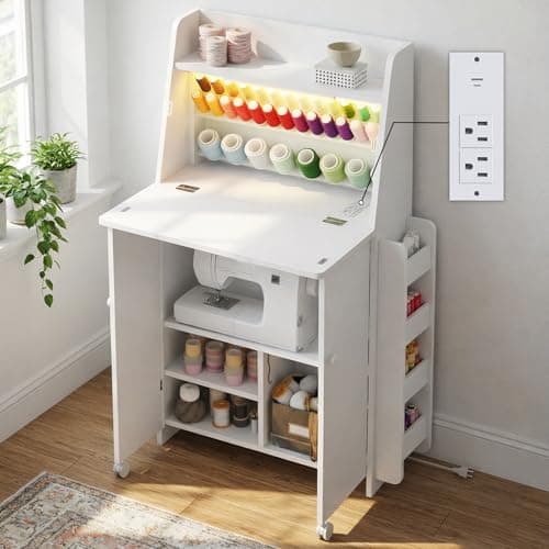 Kikihouse Folding Sewing Machine Cabinet with LED Lighting & Built‑in Charging Station, Sewing Table with Thread Organizer & Storage Shelves, Foldable Craft Desk for Small Spaces, Home & Craft Room