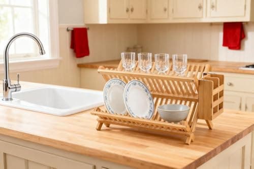 QUEENKAY Dish Drying Rack Collapsible 2-Tier Bamboo Dish Rack for Kitchen Counter Wooden Dish Drainer with Foldable Space-Saving Design for Dishes, Plates, and Cups 7