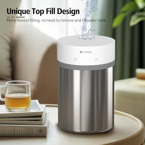 RIMOO Stainless Steel Humidifier, 4L Ultrasonic Cool Mist Humidifiers with Only 3 Parts Easy to Clean, Top Fill Humidifier with 1-9H Timer, 28dB Whisper-Quiet, Filterless for Bedroom Large Room 6