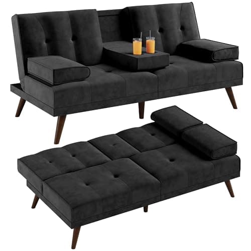Shintenchi Futon Sofa Bed, Velvet Foldable Couch Reclining Sleeper w/Removable Armrests, Upholstered Loveseat w/Folding Cup Holders for Home, Office, Black