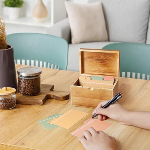 DRASTAR Index Card Holder, 3x5 Index Card Box, Wooden Index Card Organizer with 45 Dividers, Flashcard Notecard Holders for Home Office, Brown 6
