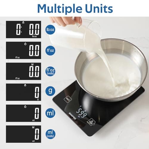 BAKFEE IP67 Waterproof Food Scale with Tempered Glass Surface, 22lb Kitchen Scale 1g Precision, USB Rechargeable, LED Display, Grams and Ounces, for Baking, Cooking, Making Sourdough Bread. Black 8