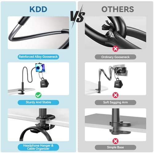 KDD Gooseneck Tablet Stand, 360° Adjustable Phone & iPad Holder for Bed and Desk, Flexible Arm Mount Clip for Video Recording, Bedside & Headboard Clamp for iPad Pro 12.9, Mini, Switch 5