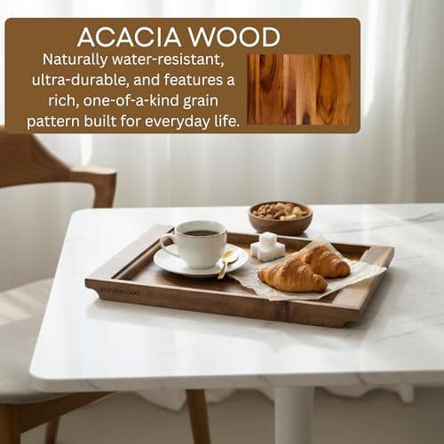 PANDAWOOD Wood Serving Tray with Handles - Large Acacia Wooden Tray for Coffee Table Ottoman Kitchen Counter - Decorative Food Tray Serving Platter - Rectangle Dinner Tray 15.7"x11" 9