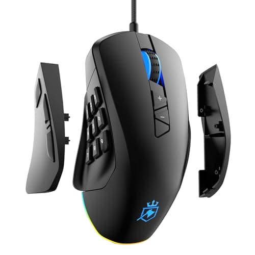 ROYALAXE Wired Gaming Mouse with Side Plates, MMO Mouse with 14 Programmable Buttons, Ergonomic Gaming Mouse with 2 Grip Plates, Computer Mouse with Max 12,400 DPI, RGB Lighting, MS901
