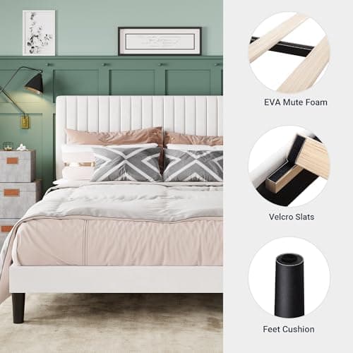 Allewie Full Bed Frame, Velvet Upholstered Platform Bed with Adjustable Vertical Channel Tufted Headboard, Mattress Foundation with Strong Wooden Slats, Box Spring Optional, Easy Assembly, Off-White 5