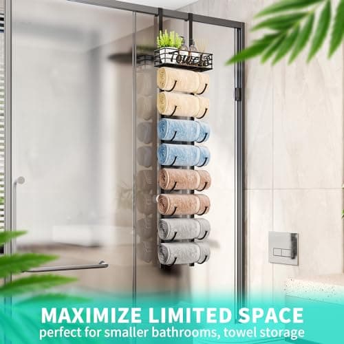 HapiRm Towel Racks for Bathroom Storage - 9 Tier Over The Door & Wall Mount Rolled Towel Storage Organizer Holder with Metal Shelf Basket for Small Bathroom, Camper, Rv - Black, Patented 6