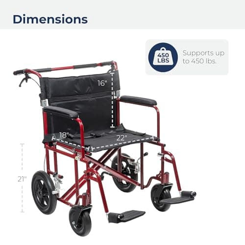 Drive Medical Bariatric Transport Chair FoldingOutdoorFull Length Arms with 12 Inches Rear Flat Free Wheels, Red, 22 Inches 8