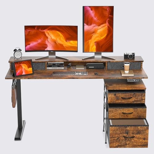 REGISDESK 63 Inch Electric Standing Desk with Cabinet & Drawers, Height Adjustable Sit Stand Desk with Monitor Shelf, Smart Home Office Standing Computer Desk, Rustic Brown