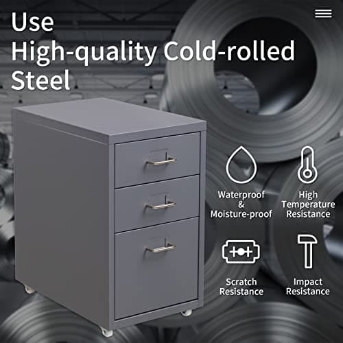 HollyHOME 3-Drawer Mobile Classification Storage Cabinet, Under Desk for A4 Mini File Cabinet, Mobile File Cabinet with Wheels for Home and Office, Grey 6