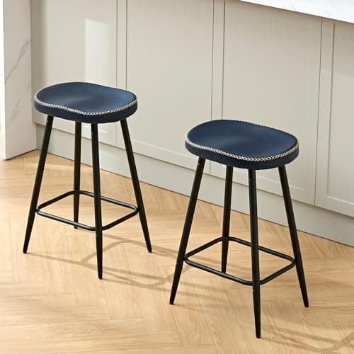 FIRAVOE Bar Stools Set of 2, Modern 24" Counter Height Bar Stools, Faux Leather Backless Saddle Stools for Kitchen Island (Navy Blue, 2 PCS 24'' Height)