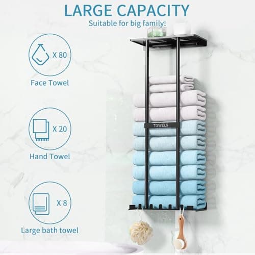 Towel Rack with Shelf with 5 Hooks, Metal Towel Racks for Bathroom Wall Mounted, Wall Towel Storage Holder 30In, Can Holds 6 Large Towels, Bath Towel Rack for Rolled Towels (Black) 6