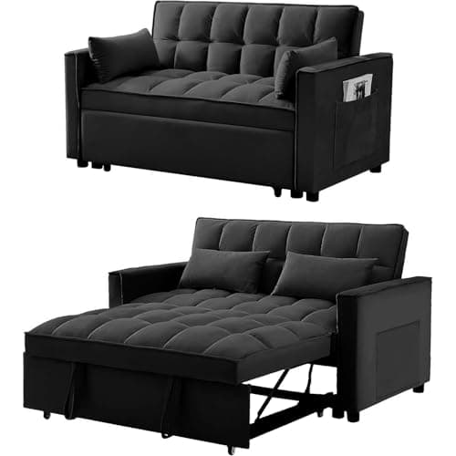 SumKea 55.2'' Pull 2-Seater Sleeper Loveseat, 3-in-1 Reclining Sofa Bed, Futon Adjustable Backrest with Pillows, Pockets, Couch for Living Room Apartment Lounge, Black 6