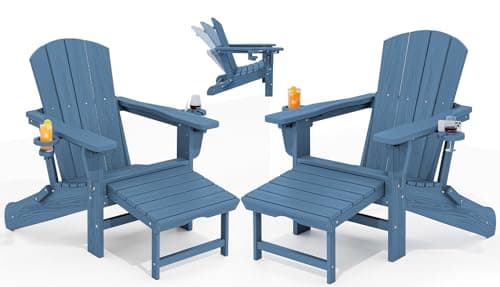 KINGYES Folding Adjustable Adirondack Chairs with Ottoman & 2 Cup Holders Set of 2, HDPE Adirondack Recliner Chair with Footrest, Blue