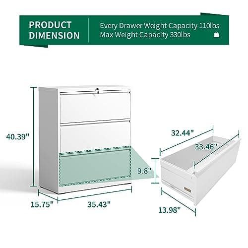BIZOEIRON 3 Drawer Lateral File Cabinet for Home Office, Metal Filing Cabinet with Lock, Wide File Storage Drawers for Letter/Legal Size Hanging File Folders, Assembly Required, (White) 3