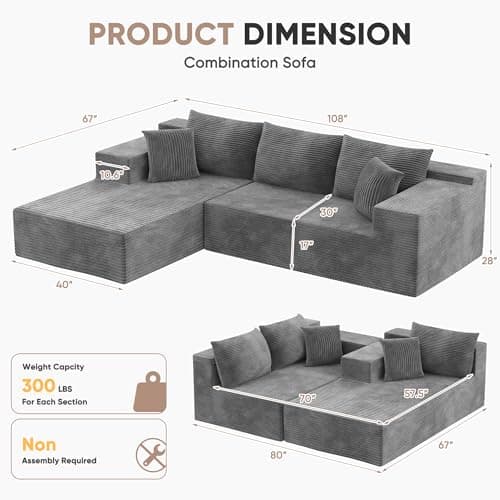 Homall 108" Modular Sectional Sofa, Boneless Couch with L-Shape Chaise, Cloud Couch with Deep Seat Upholstered, No Assembly Required for Living Room, Bedroom (Corduroy, Grey) 5