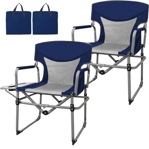 Romswi 2PK Folding Director Chairs, Camping Chair for Outdoor, Compact Directors Chair with Side Table Side Bag, Heavy Duty Oversize Seat for Beach Fishing Picnic Chairs, Holds up to 300 lbs Blue