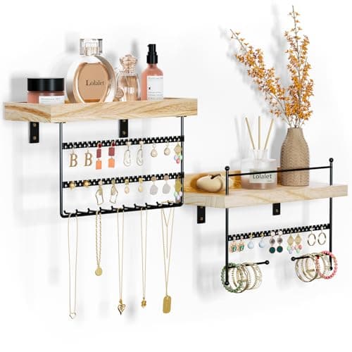 Lolalet Hanging Jewelry Organizer Wall Mount with Earrings, Bracelets, Necklaces Hooks - Easy Install Free Combination Jewelry Holder for Wall Bathroom - Set of 2, Black