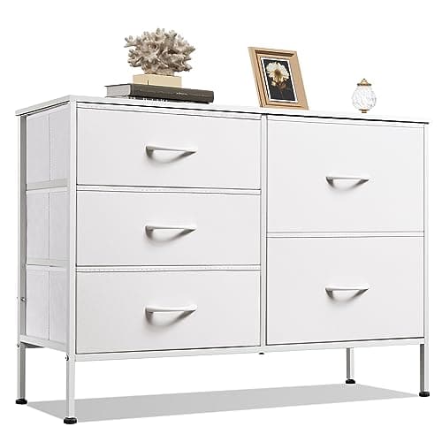 WLIVE White Dresser for Bedroom with 5 Drawers, Fabric Dresser for Living Room, Wide Chest of Drawers for Bedroom, Closet, Hallway, White